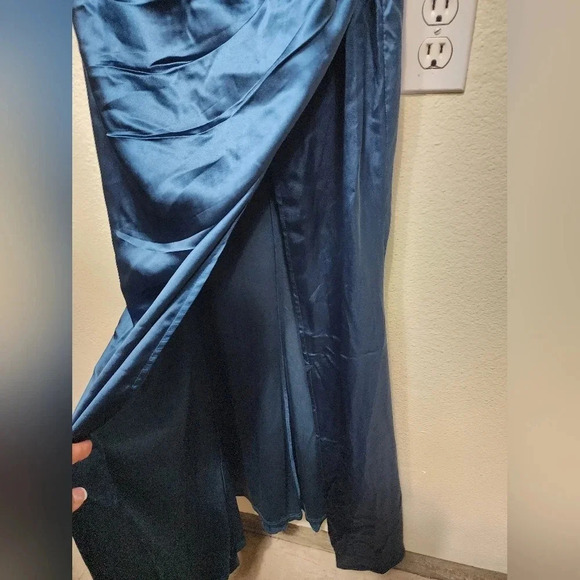 Lulus Stunning Arrival Dark Teal Satin Off-The-Shoulder Maxi Dress Wedding - Picture 9 of 11